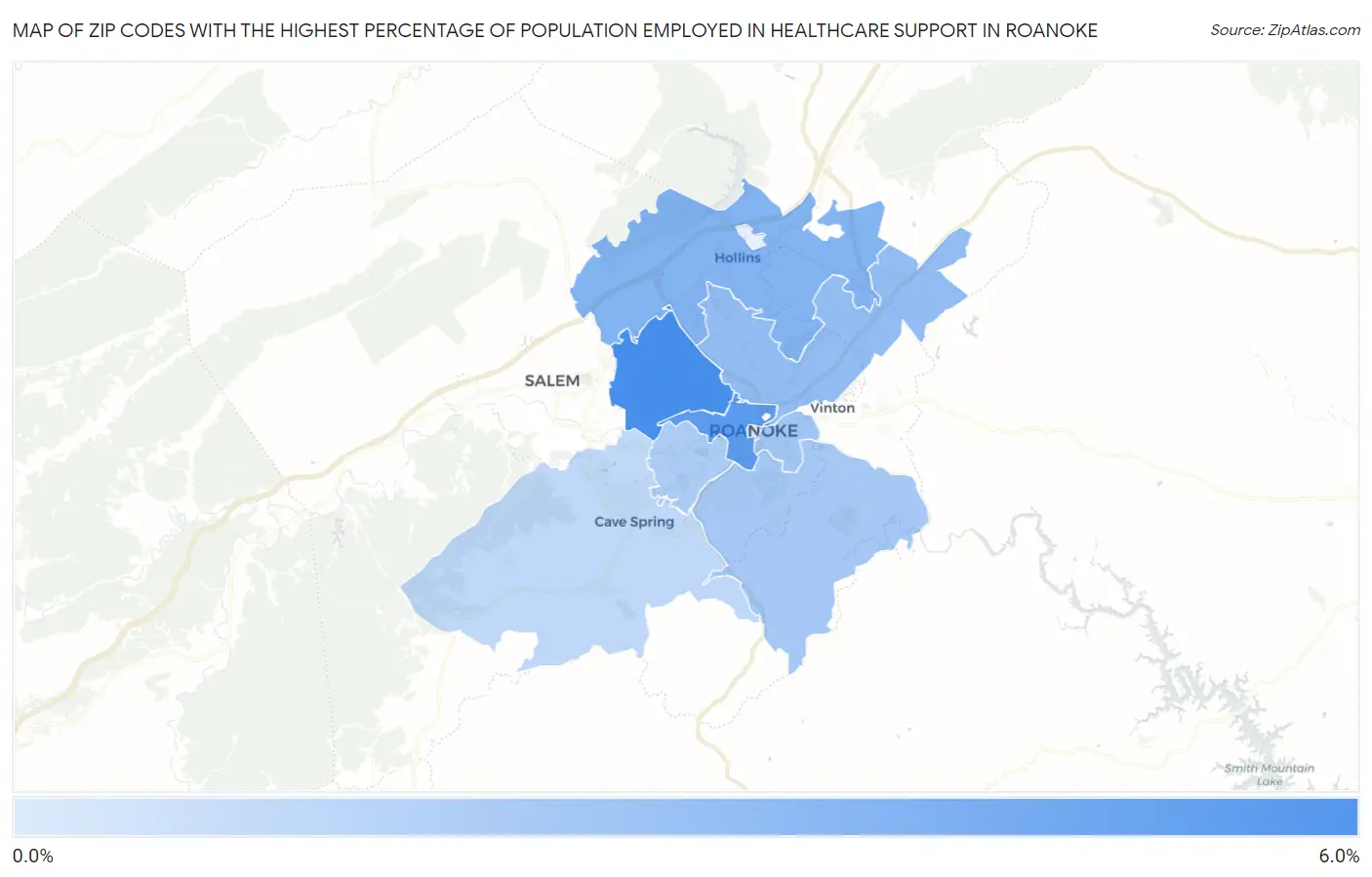 Zip Codes with the Highest Percentage of Population Employed in Healthcare Support in Roanoke Map