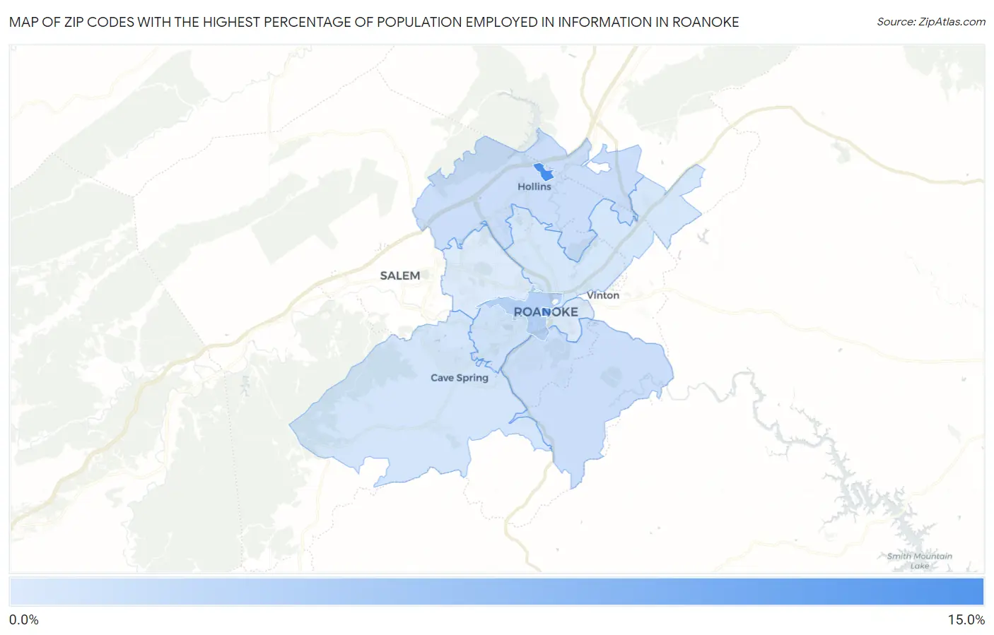 Zip Codes with the Highest Percentage of Population Employed in Information in Roanoke Map