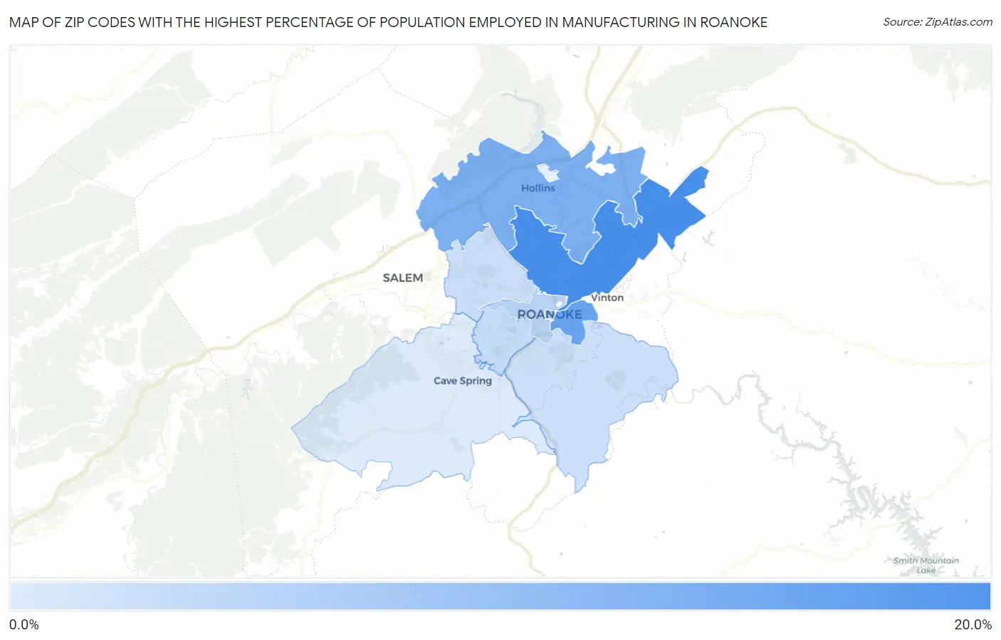 Zip Codes with the Highest Percentage of Population Employed in Manufacturing in Roanoke Map
