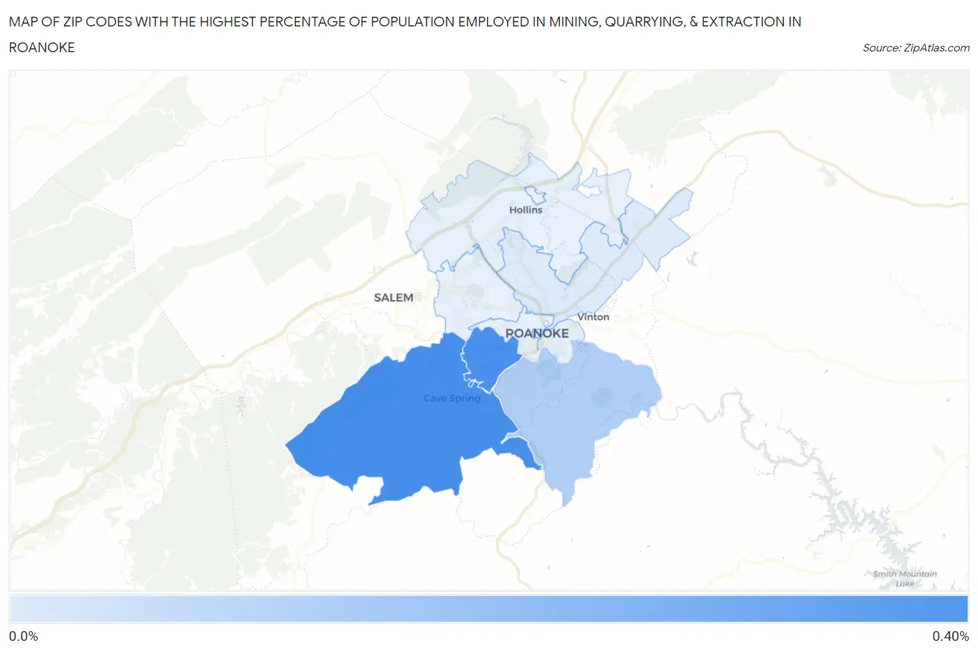 Zip Codes with the Highest Percentage of Population Employed in Mining, Quarrying, & Extraction in Roanoke Map