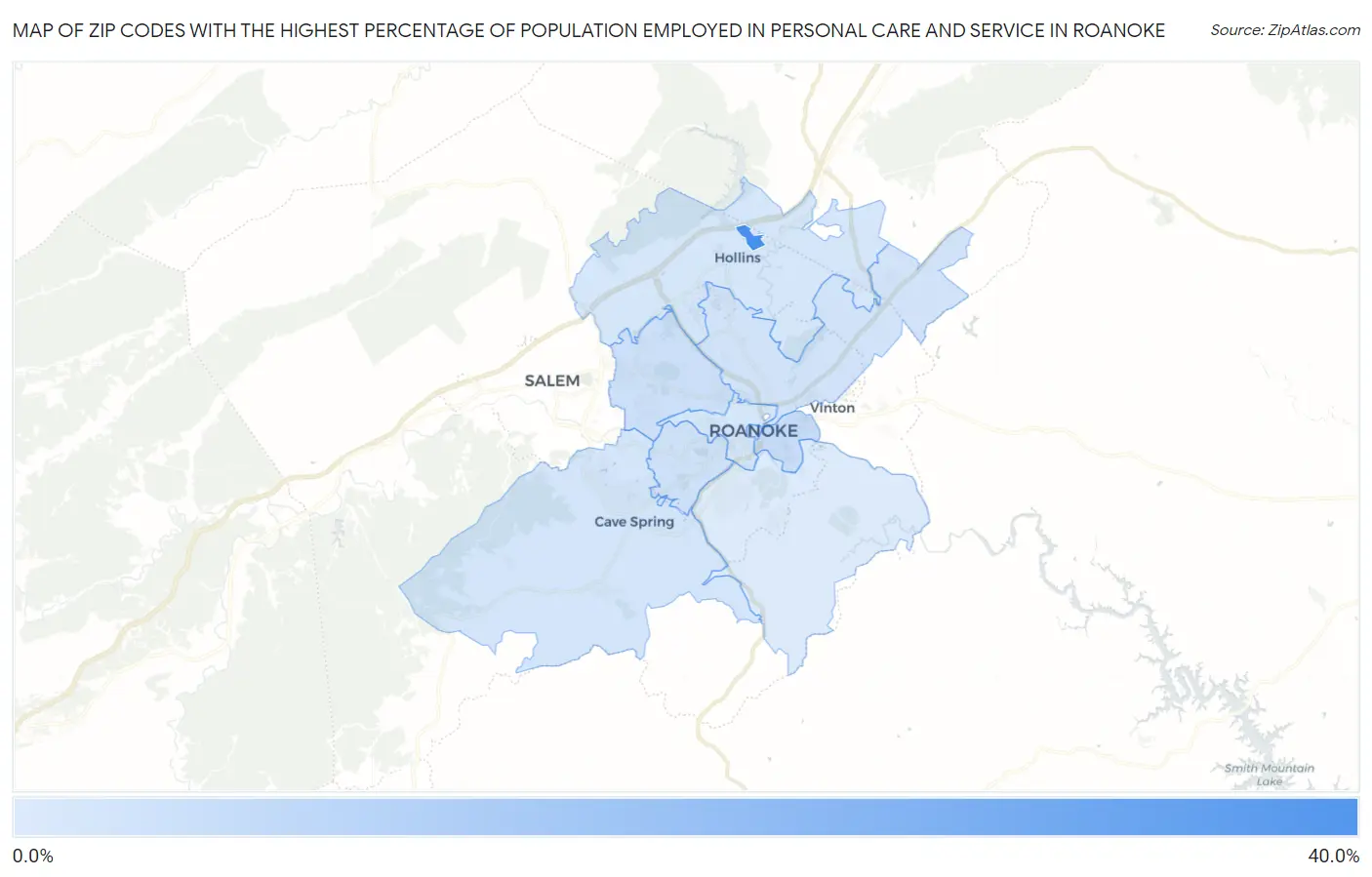 Zip Codes with the Highest Percentage of Population Employed in Personal Care and Service in Roanoke Map