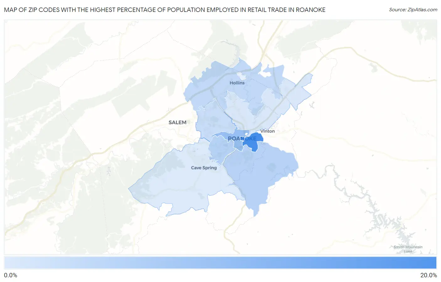 Zip Codes with the Highest Percentage of Population Employed in Retail Trade in Roanoke Map