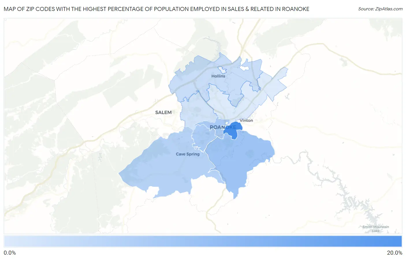 Zip Codes with the Highest Percentage of Population Employed in Sales & Related in Roanoke Map