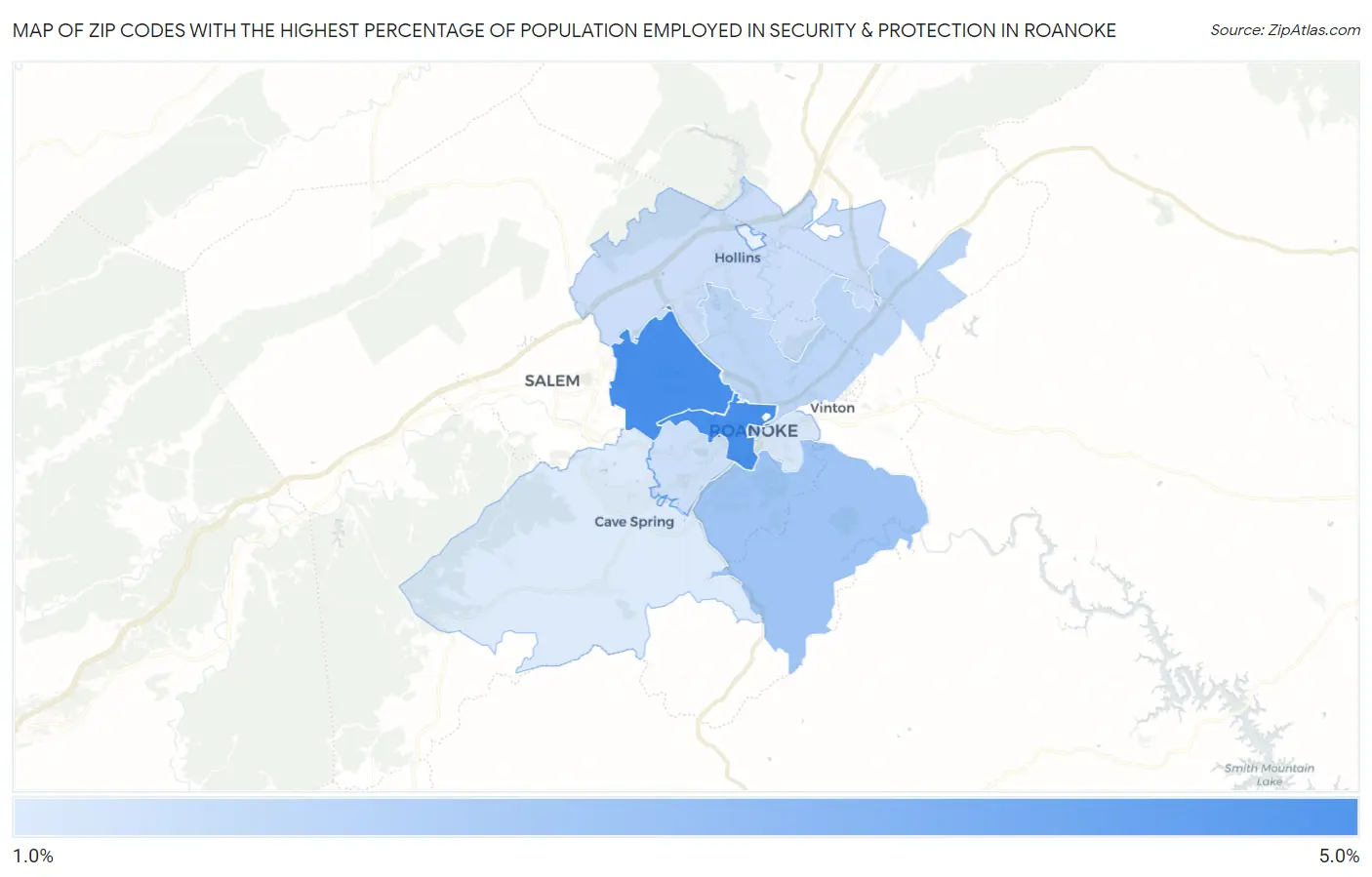 Zip Codes with the Highest Percentage of Population Employed in Security & Protection in Roanoke Map