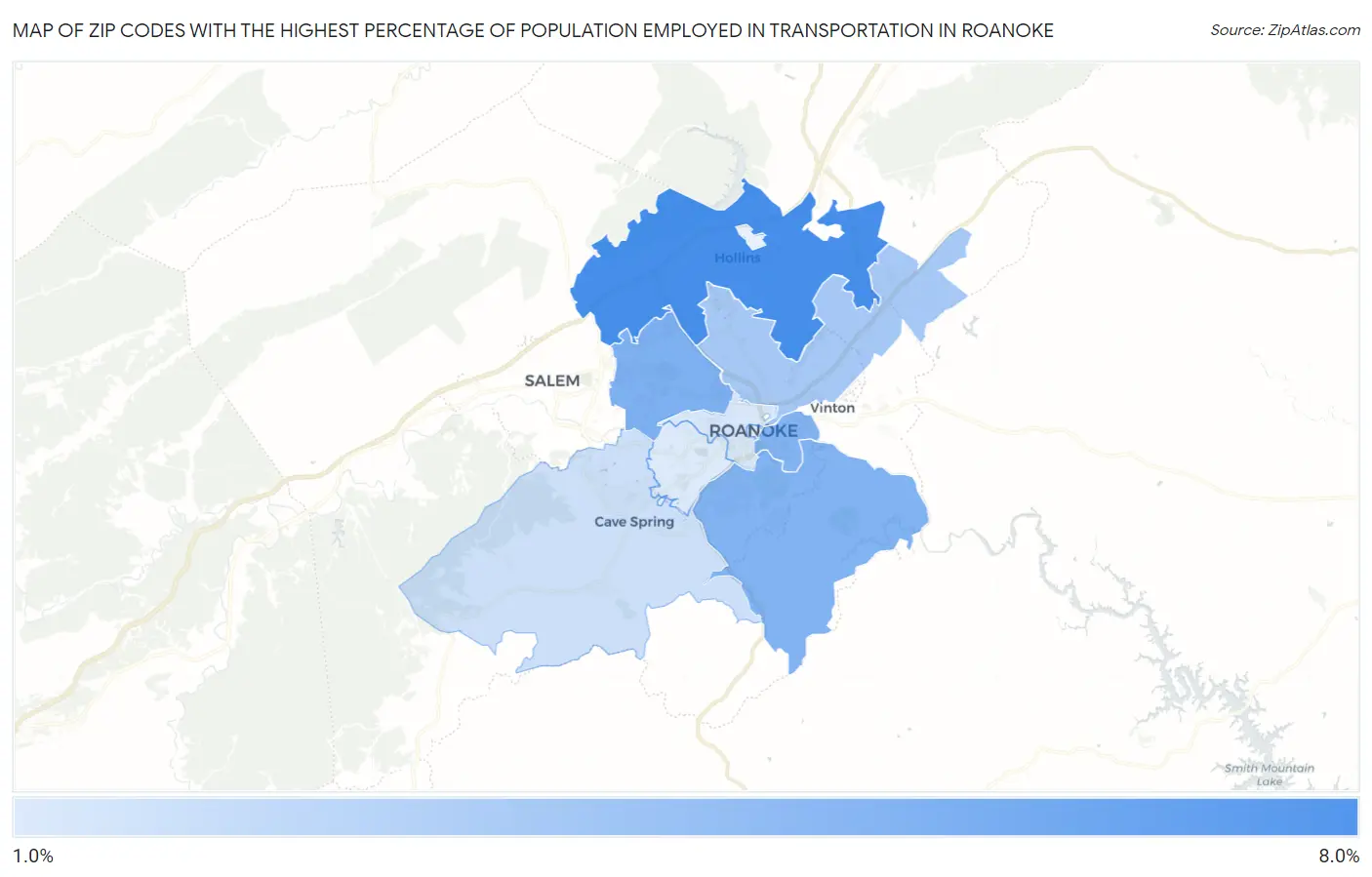 Zip Codes with the Highest Percentage of Population Employed in Transportation in Roanoke Map