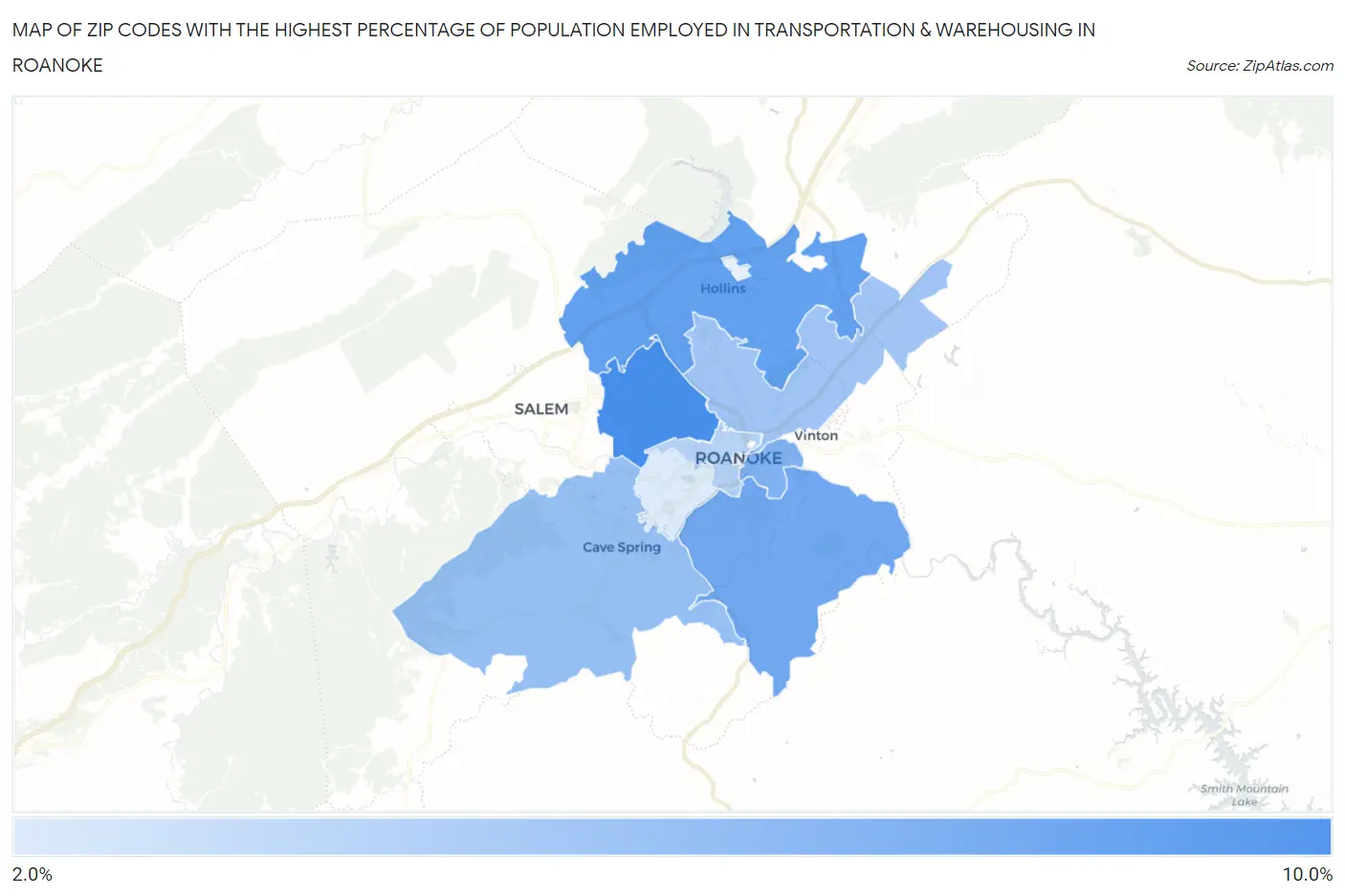 Zip Codes with the Highest Percentage of Population Employed in Transportation & Warehousing in Roanoke Map
