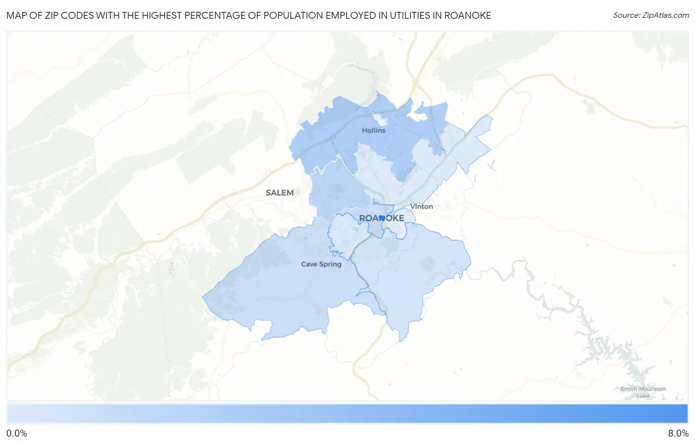 Zip Codes with the Highest Percentage of Population Employed in Utilities in Roanoke Map