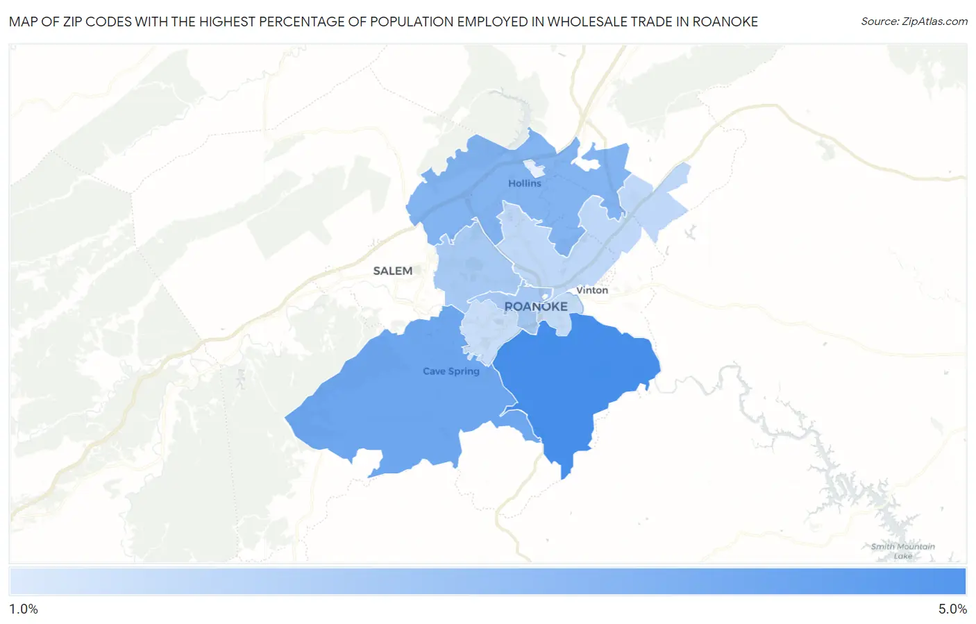 Zip Codes with the Highest Percentage of Population Employed in Wholesale Trade in Roanoke Map
