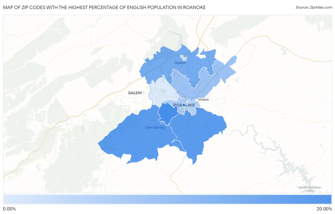 Zip Codes with the Highest Percentage of English Population in Roanoke Map