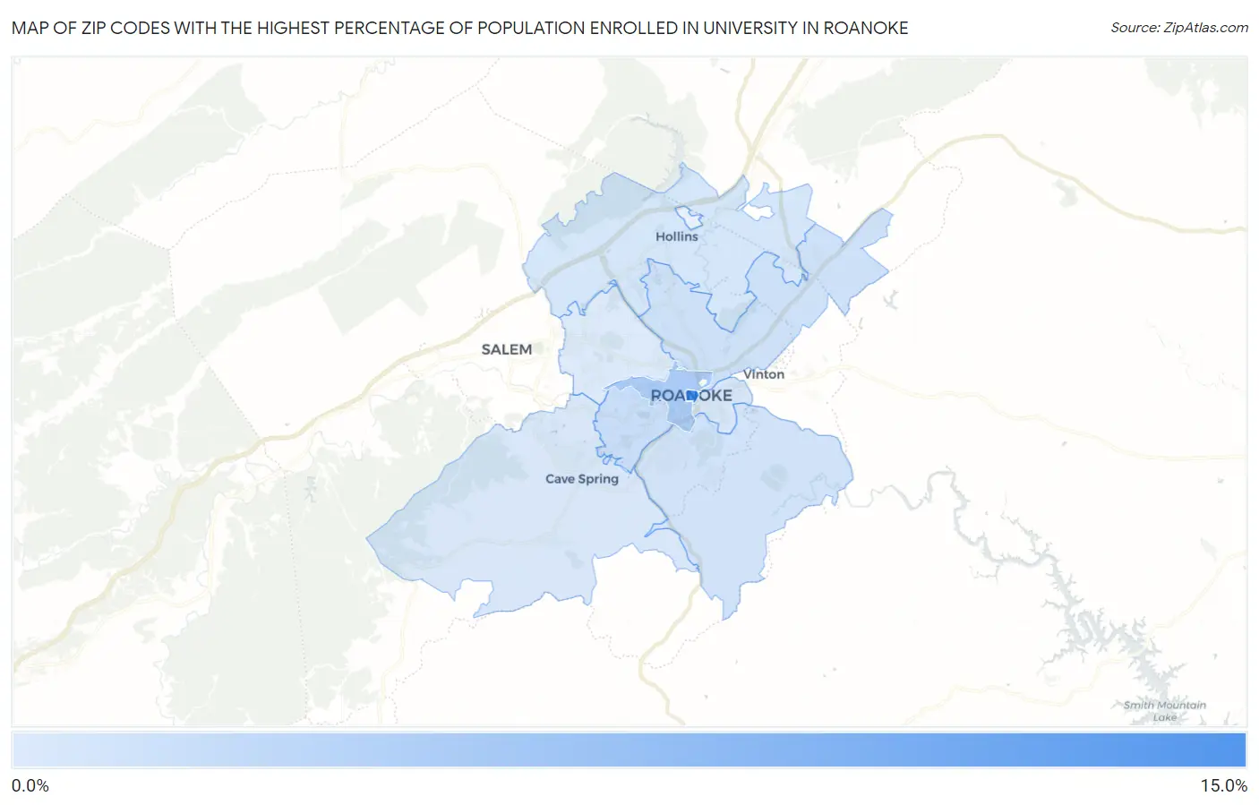Zip Codes with the Highest Percentage of Population Enrolled in University in Roanoke Map