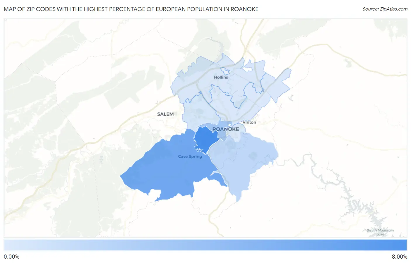 Zip Codes with the Highest Percentage of European Population in Roanoke Map