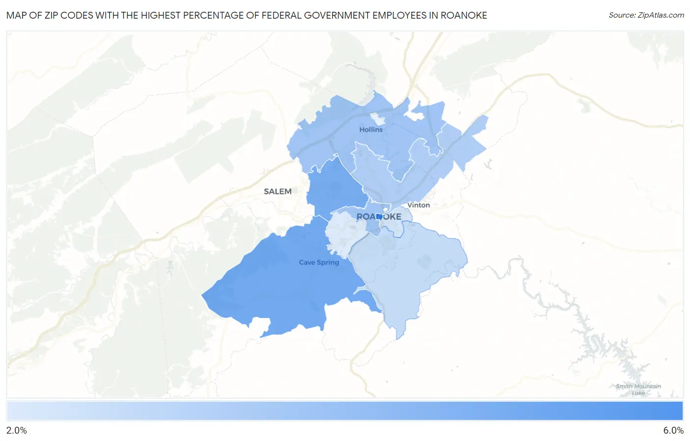 Zip Codes with the Highest Percentage of Federal Government Employees in Roanoke Map