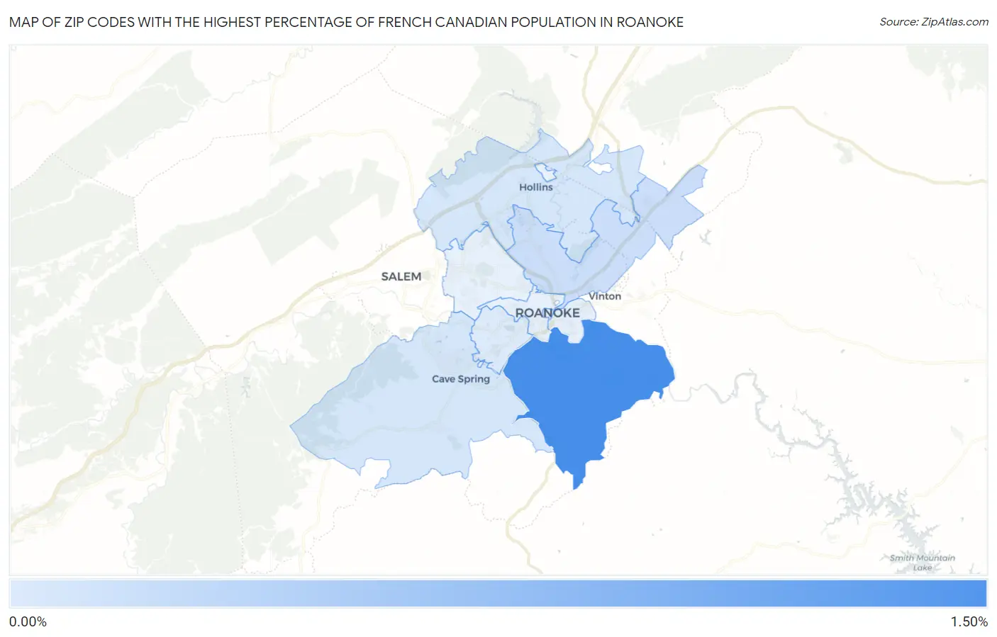 Zip Codes with the Highest Percentage of French Canadian Population in Roanoke Map