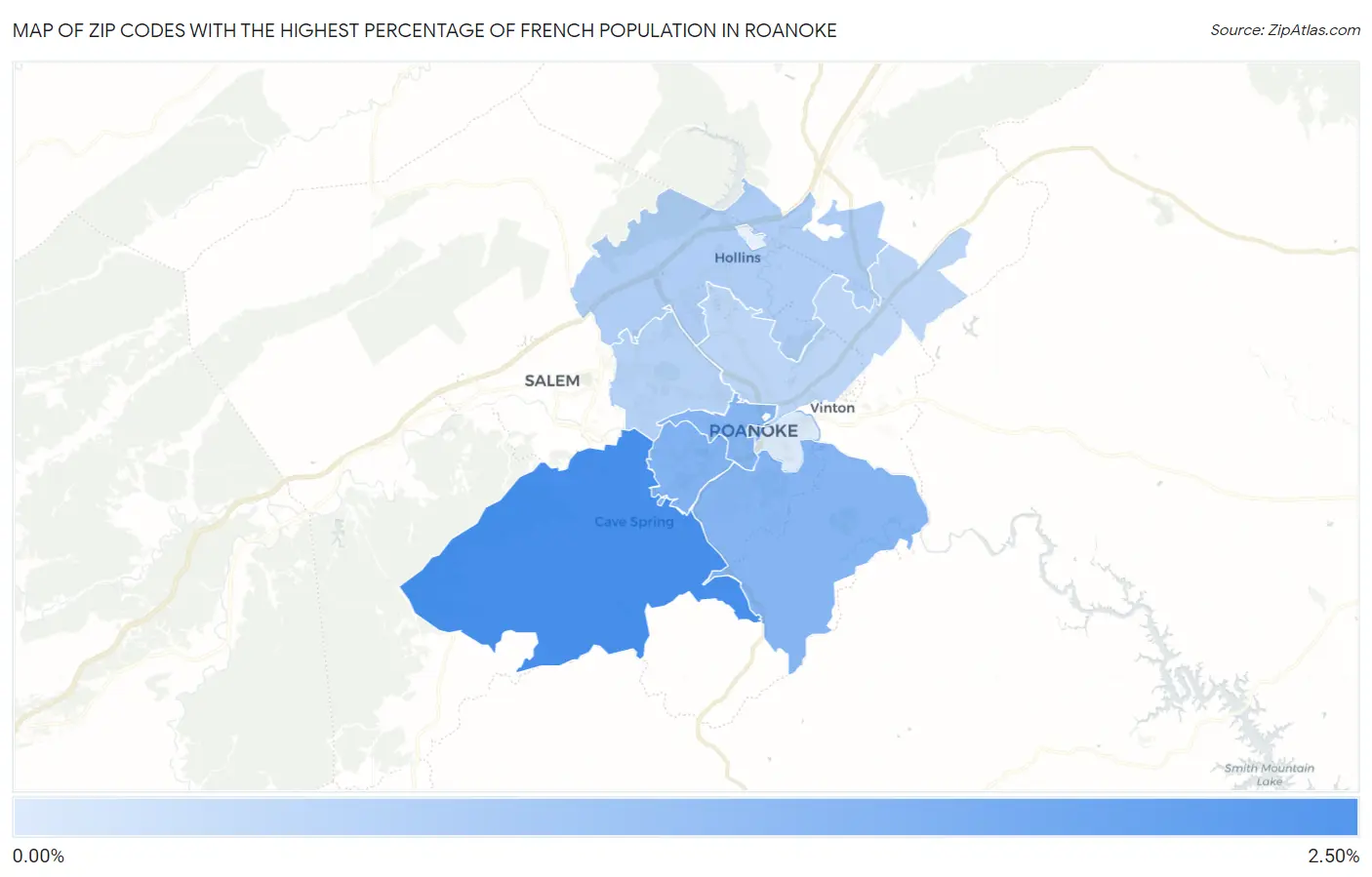 Zip Codes with the Highest Percentage of French Population in Roanoke Map