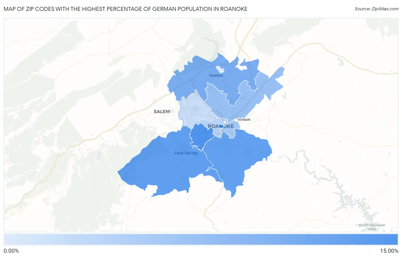 Zip Codes with the Highest Percentage of German Population in Roanoke Map