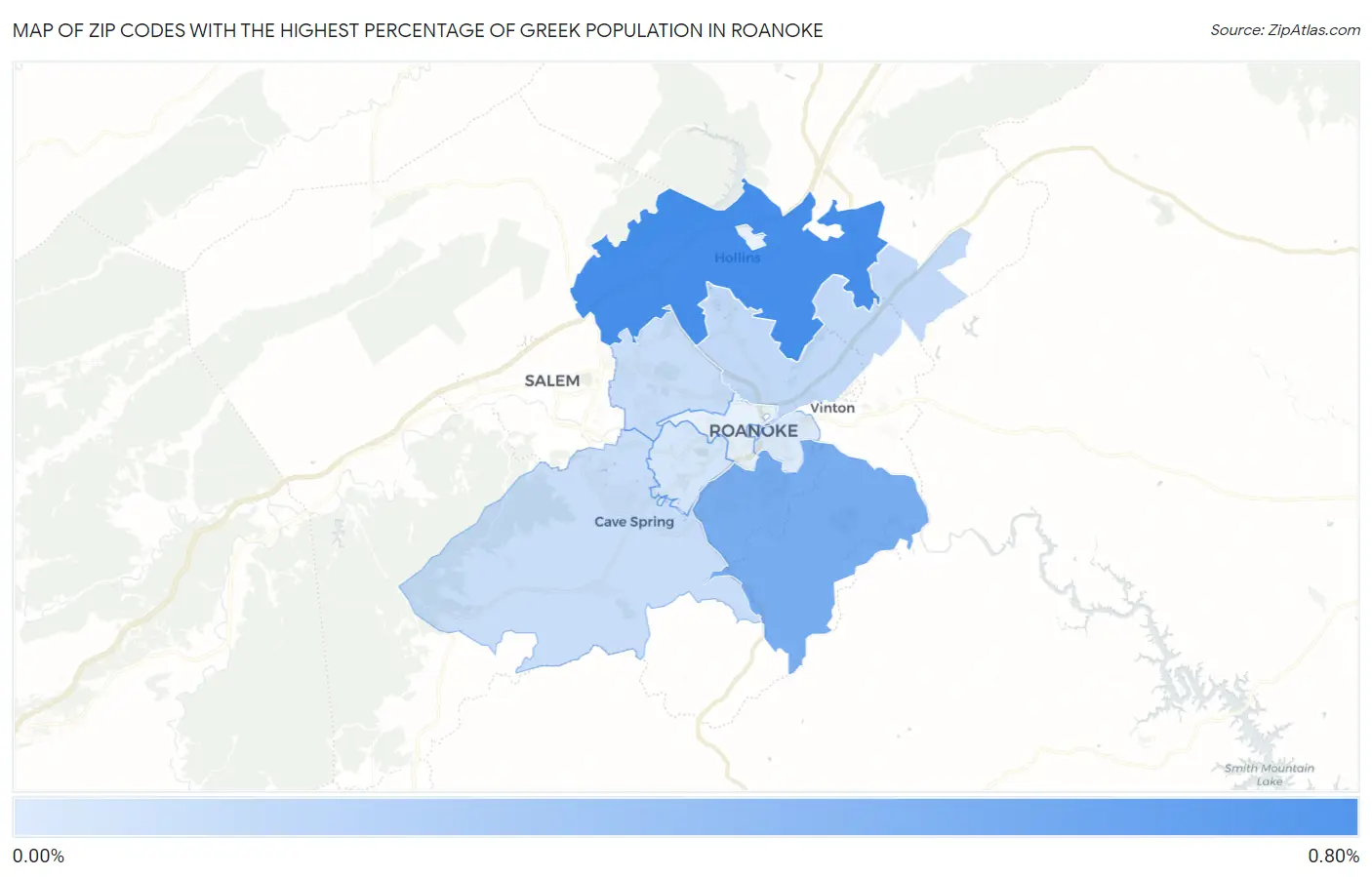 Zip Codes with the Highest Percentage of Greek Population in Roanoke Map