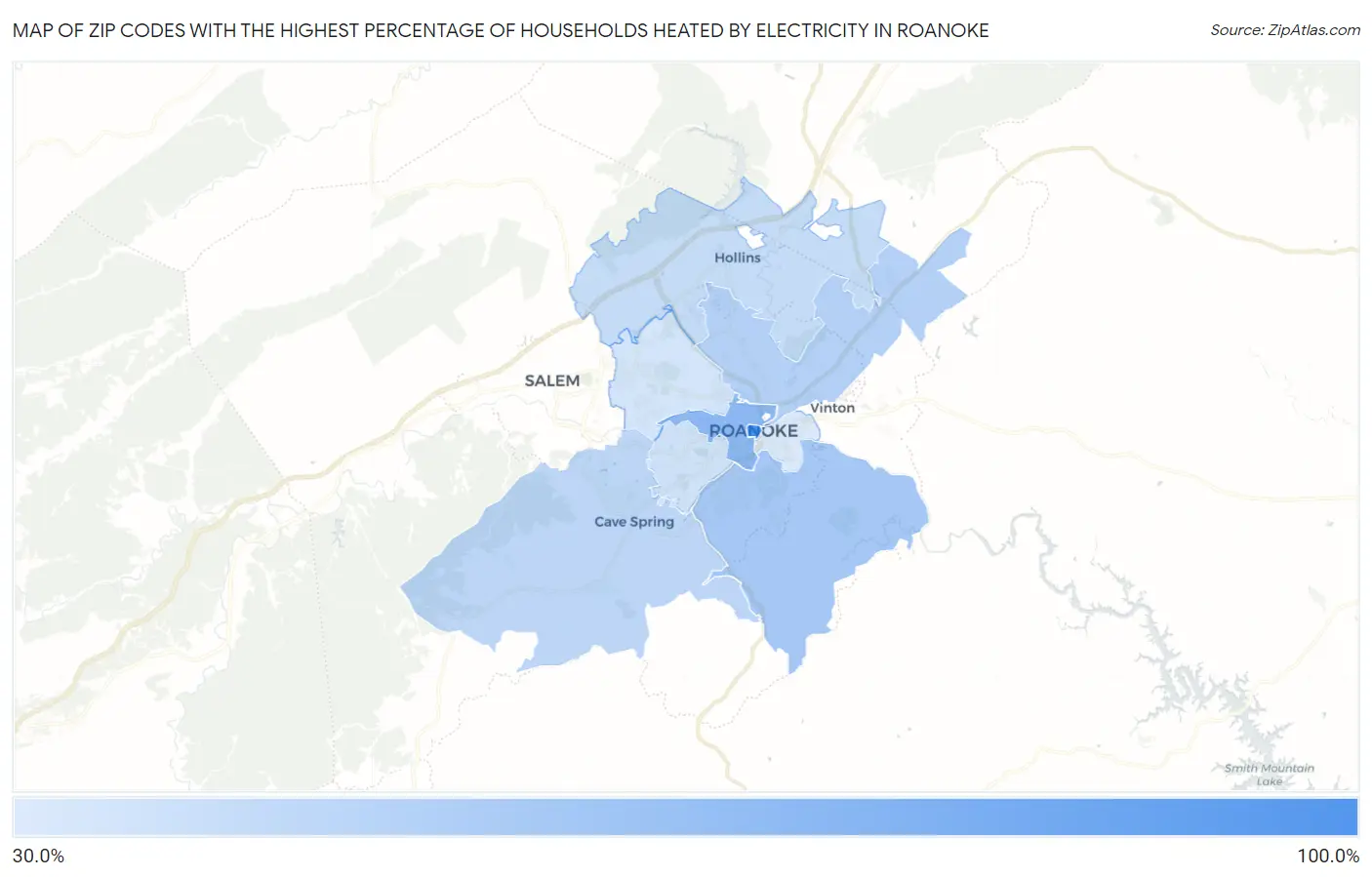 Zip Codes with the Highest Percentage of Households Heated by Electricity in Roanoke Map