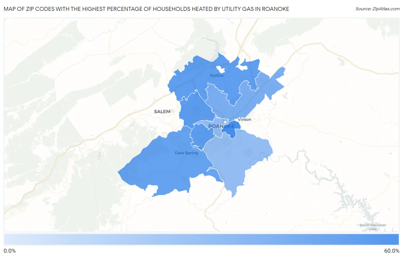 Zip Codes with the Highest Percentage of Households Heated by Utility Gas in Roanoke Map