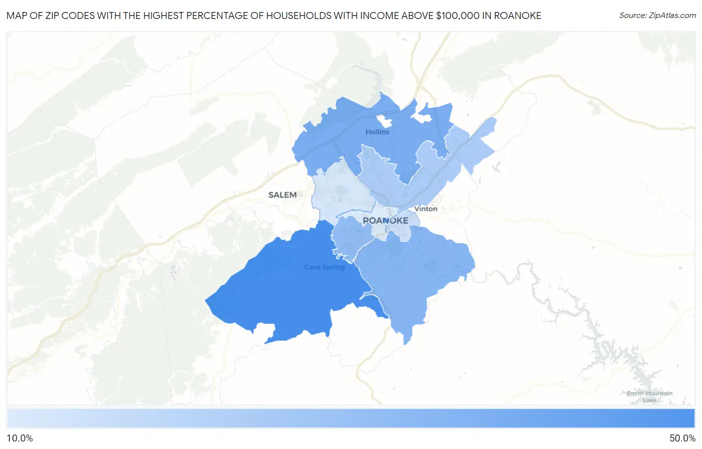 Zip Codes with the Highest Percentage of Households with Income Above $100,000 in Roanoke Map
