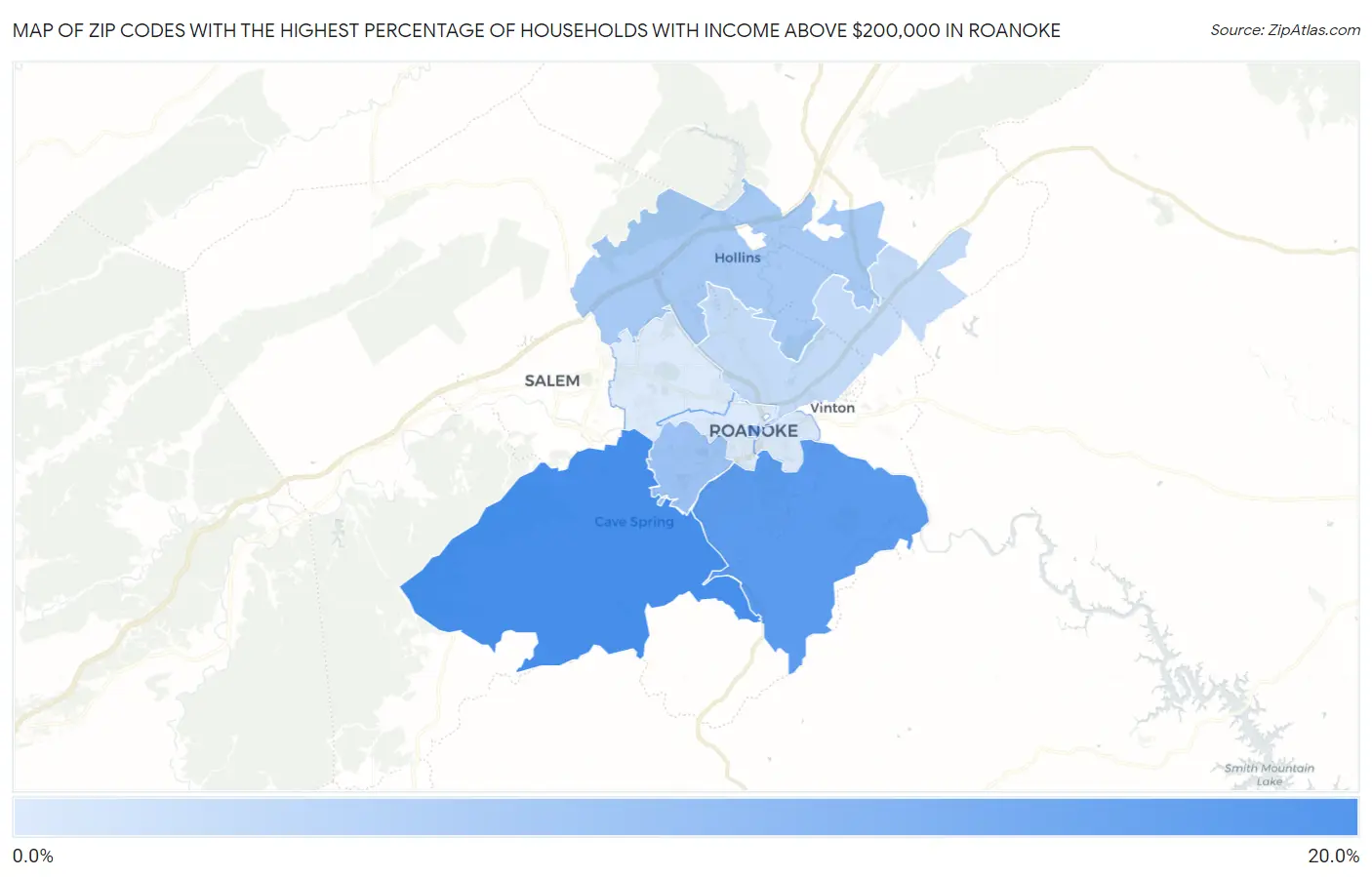 Zip Codes with the Highest Percentage of Households with Income Above $200,000 in Roanoke Map