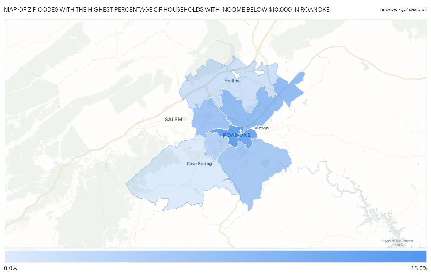 Zip Codes with the Highest Percentage of Households with Income Below $10,000 in Roanoke Map