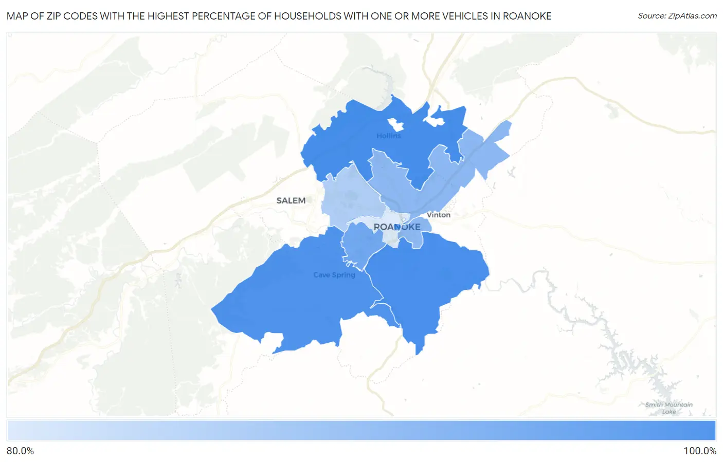 Zip Codes with the Highest Percentage of Households With One or more Vehicles in Roanoke Map