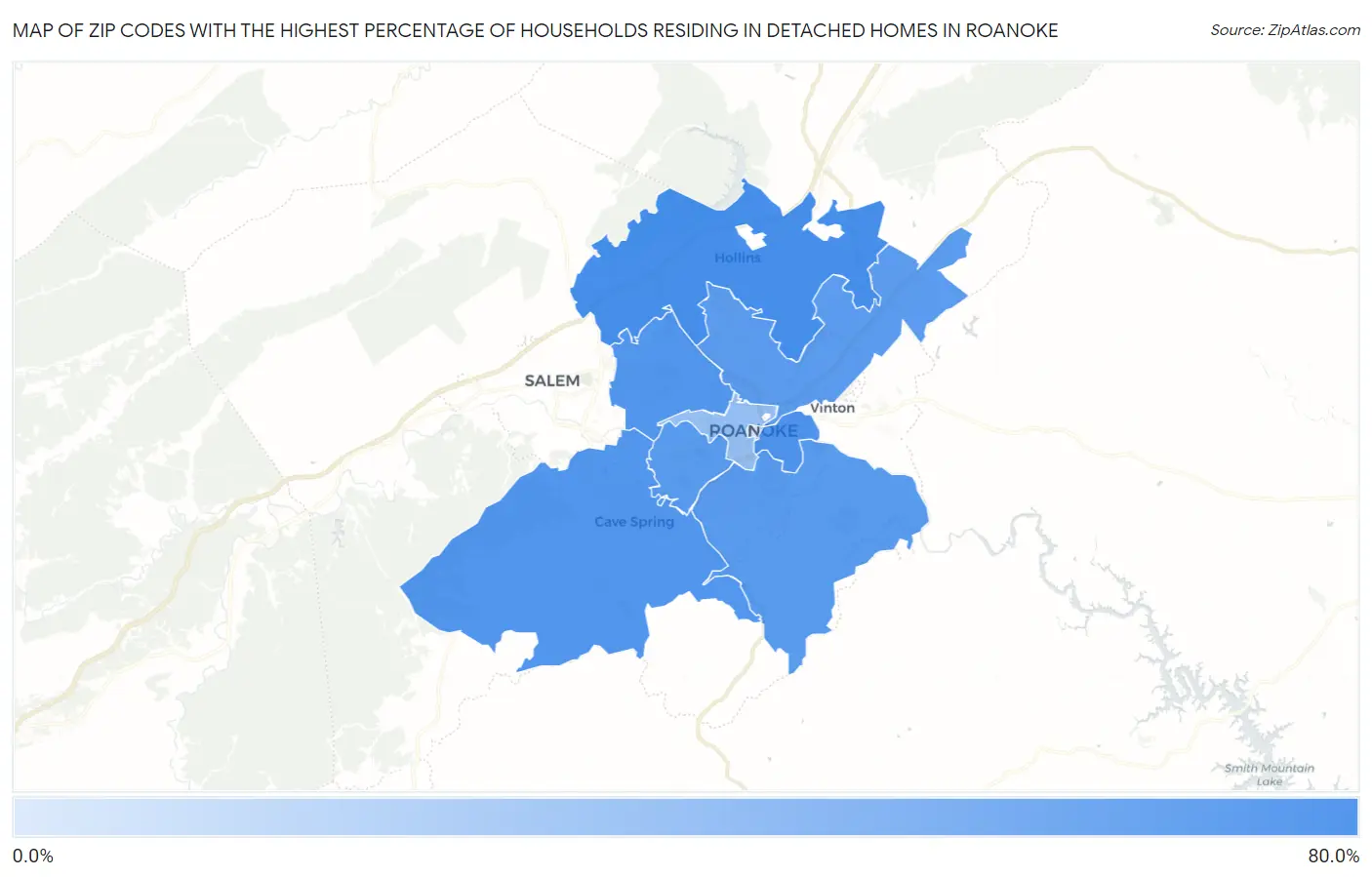 Zip Codes with the Highest Percentage of Households Residing in Detached Homes in Roanoke Map