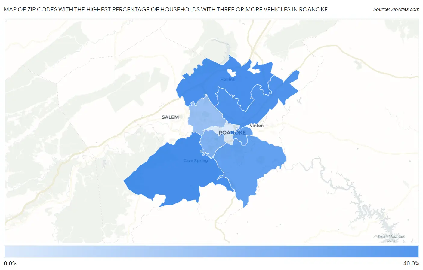 Zip Codes with the Highest Percentage of Households With Three or more Vehicles in Roanoke Map