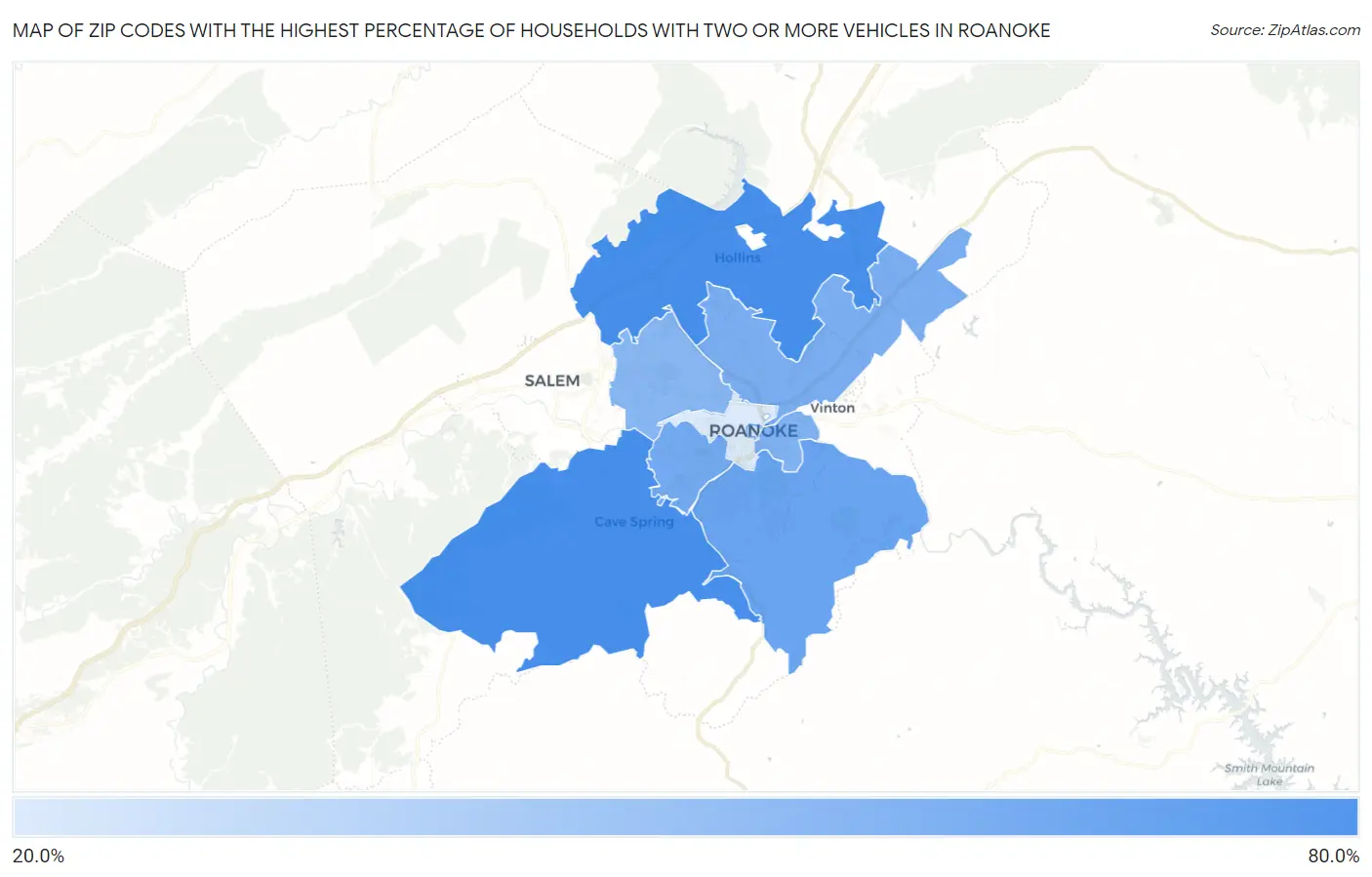 Zip Codes with the Highest Percentage of Households With Two or more Vehicles in Roanoke Map