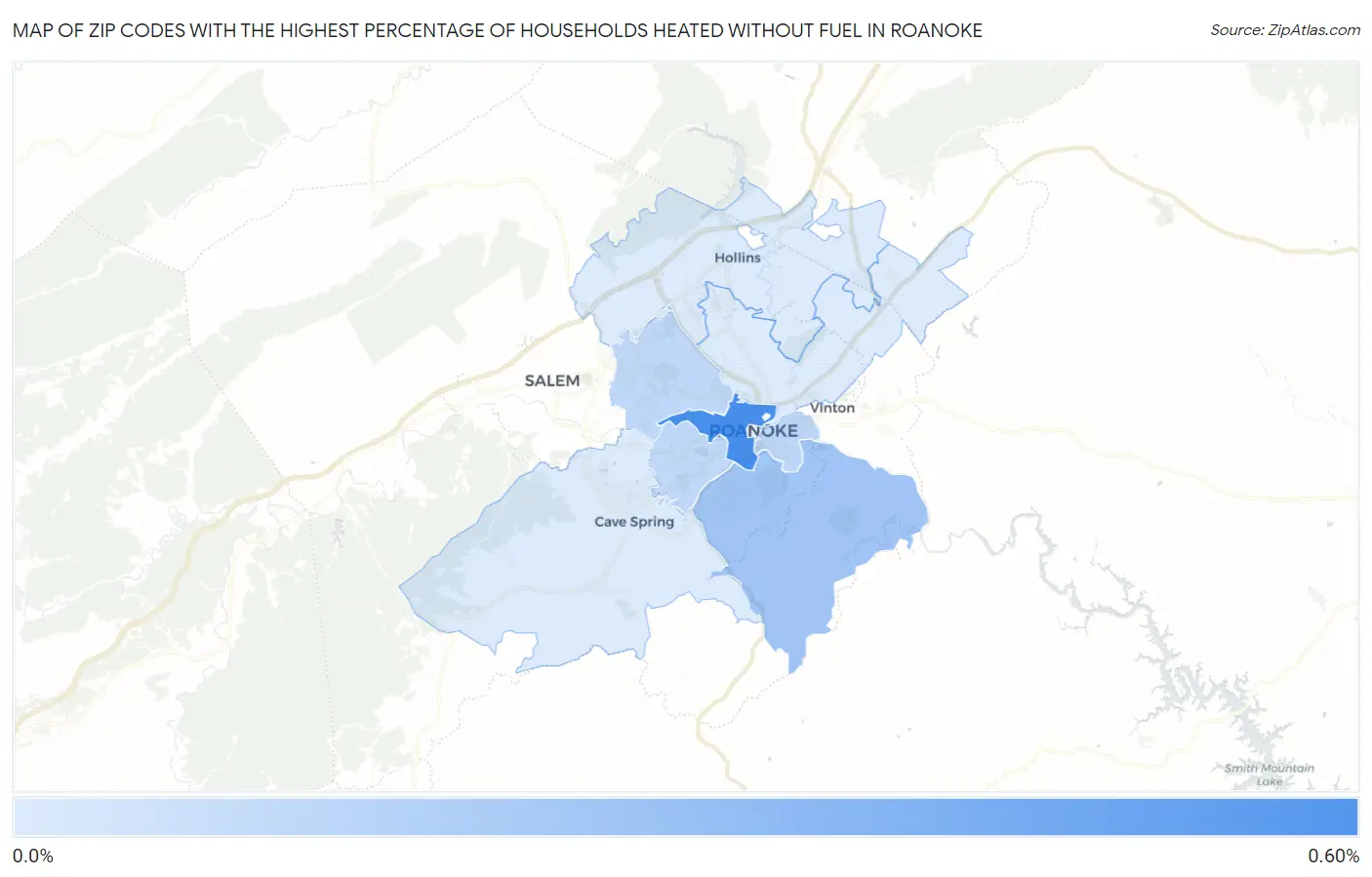Zip Codes with the Highest Percentage of Households Heated without Fuel in Roanoke Map