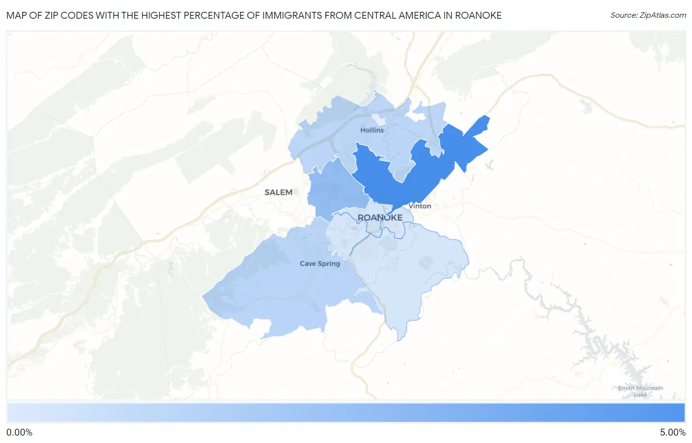 Zip Codes with the Highest Percentage of Immigrants from Central America in Roanoke Map