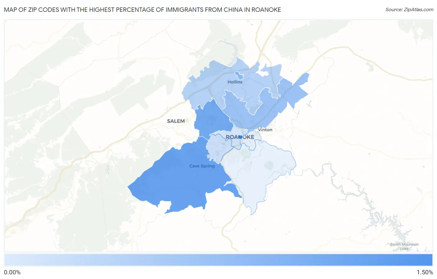 Zip Codes with the Highest Percentage of Immigrants from China in Roanoke Map