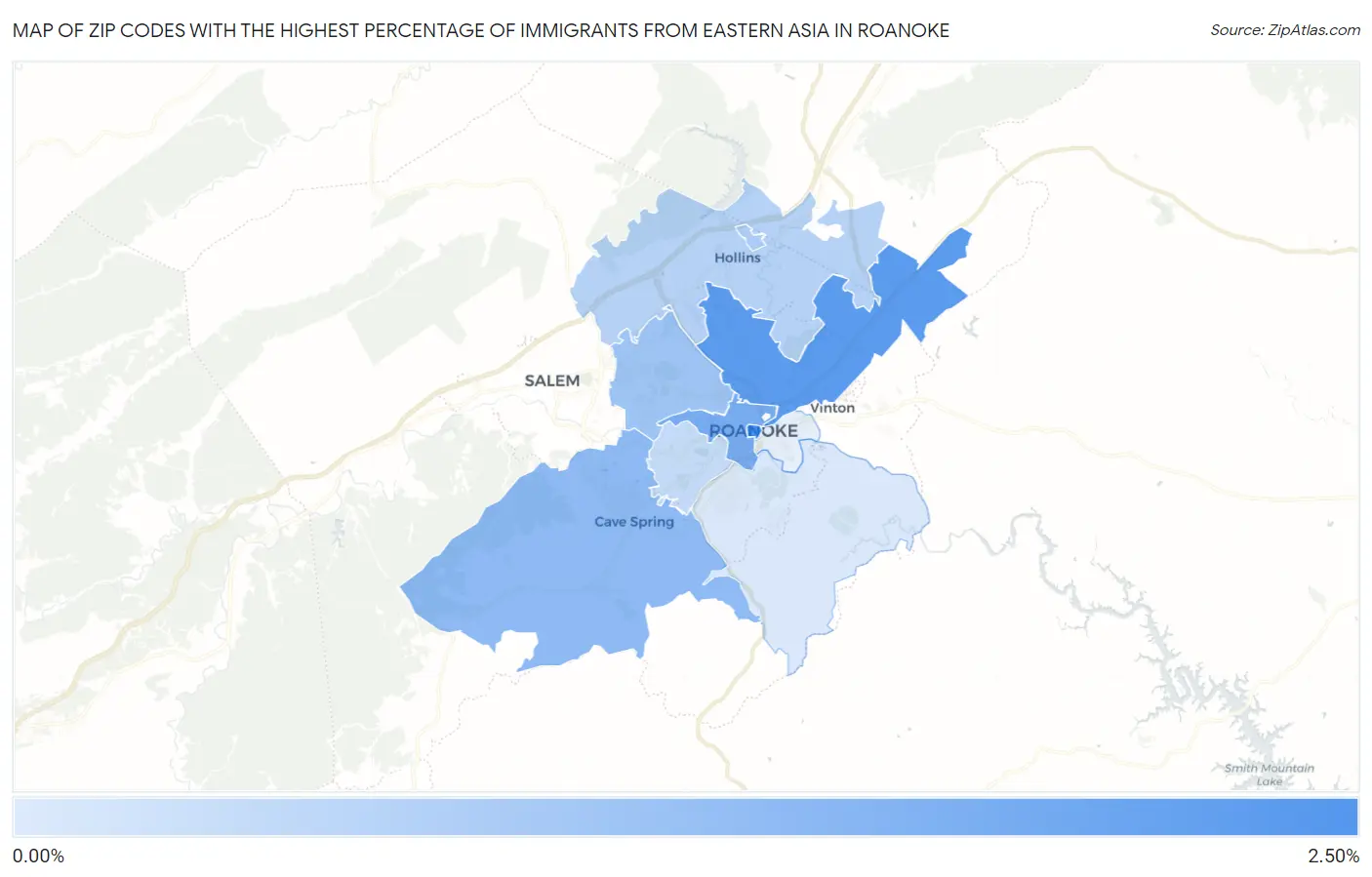 Zip Codes with the Highest Percentage of Immigrants from Eastern Asia in Roanoke Map