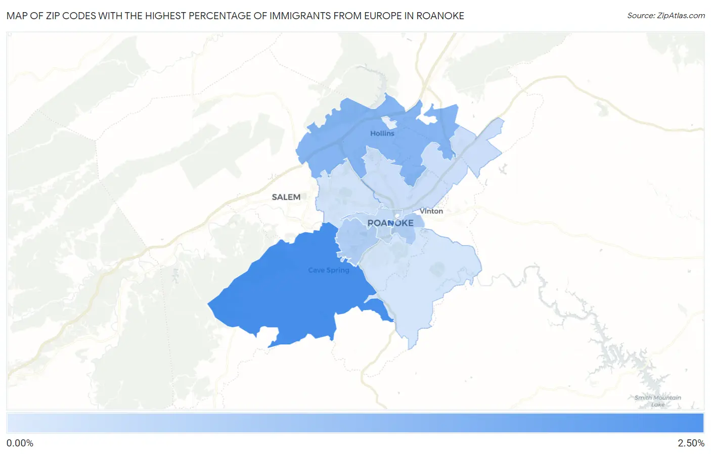 Zip Codes with the Highest Percentage of Immigrants from Europe in Roanoke Map