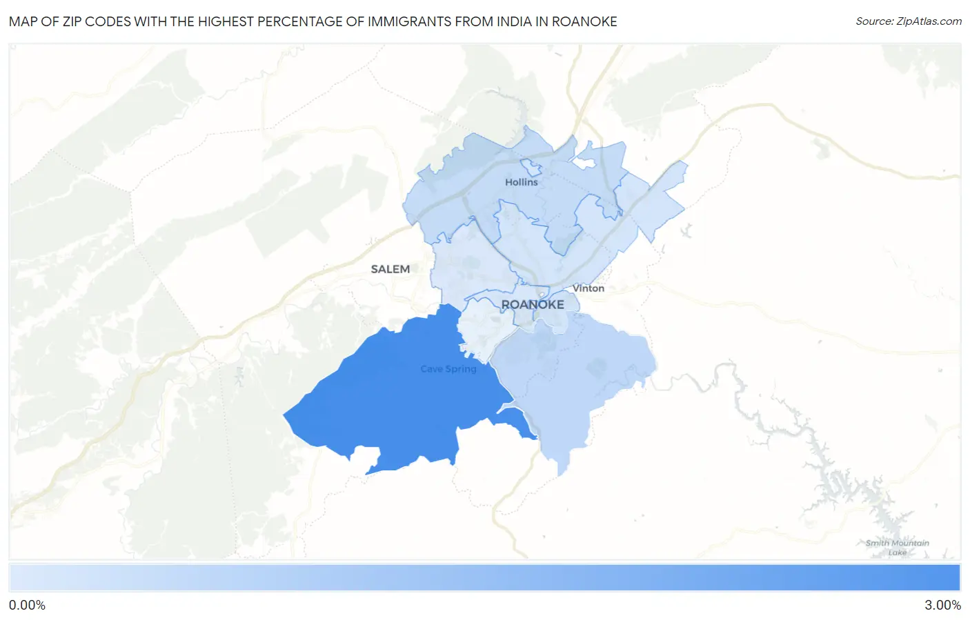 Zip Codes with the Highest Percentage of Immigrants from India in Roanoke Map