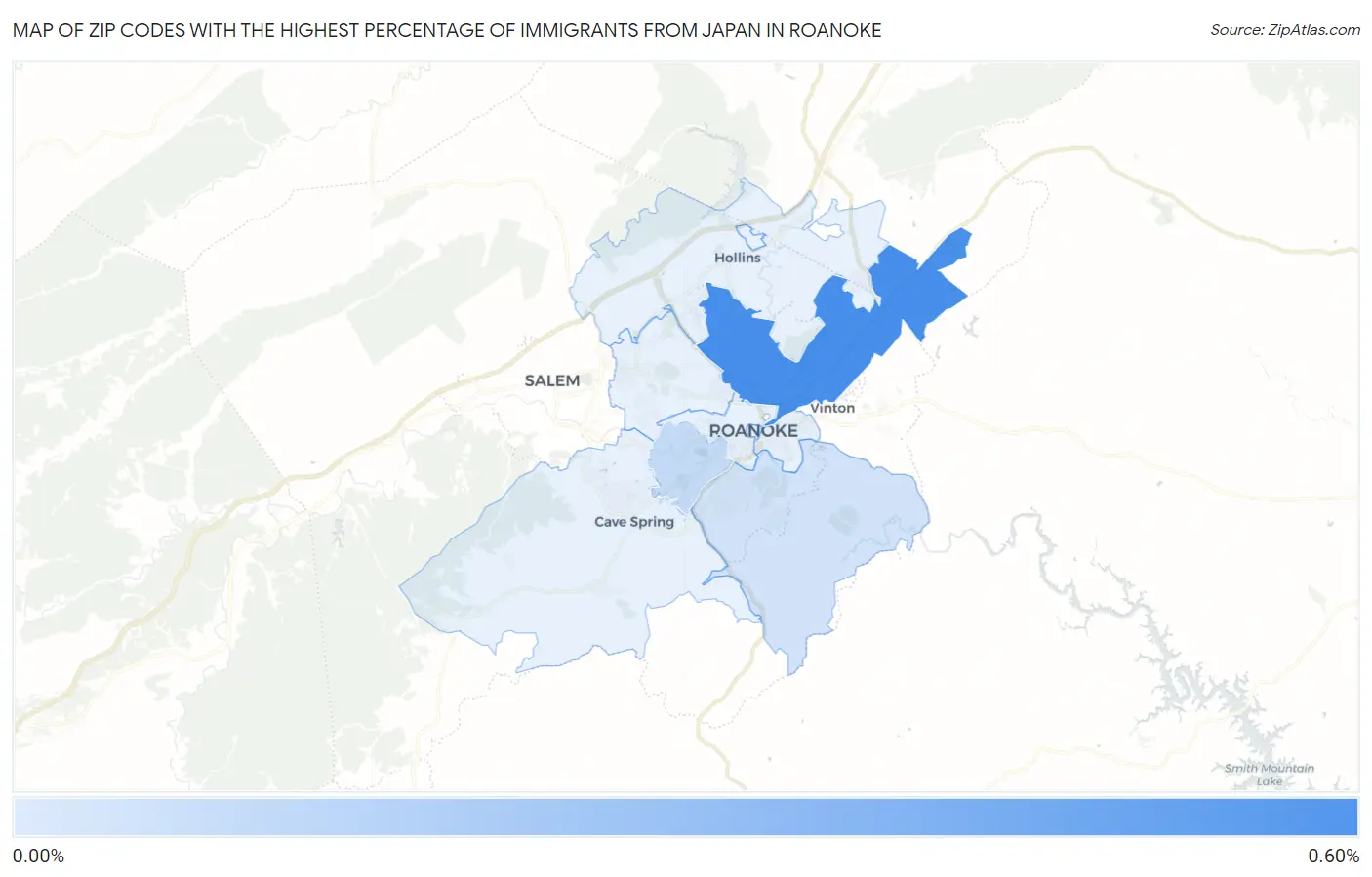 Zip Codes with the Highest Percentage of Immigrants from Japan in Roanoke Map