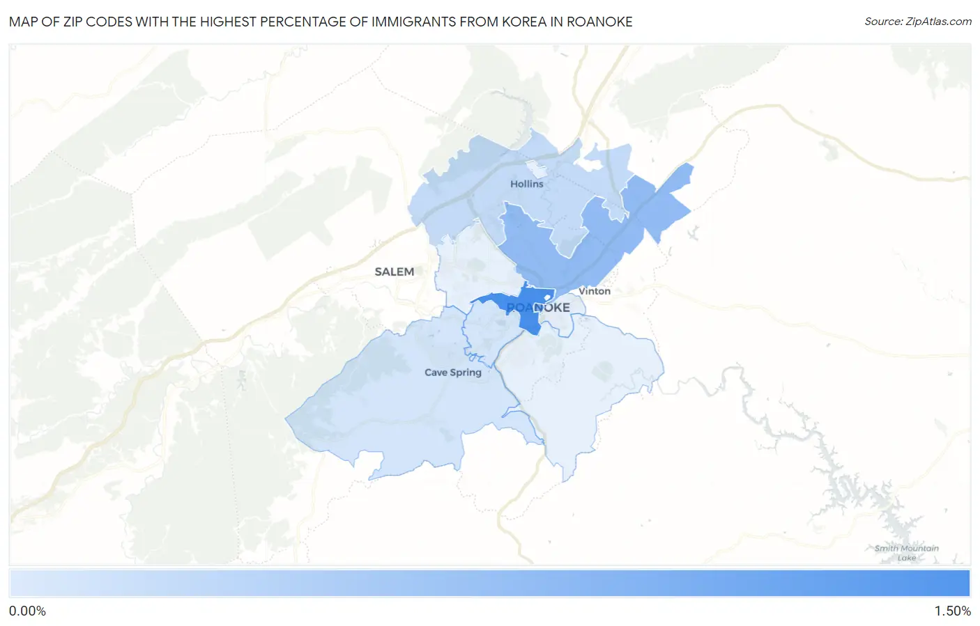 Zip Codes with the Highest Percentage of Immigrants from Korea in Roanoke Map