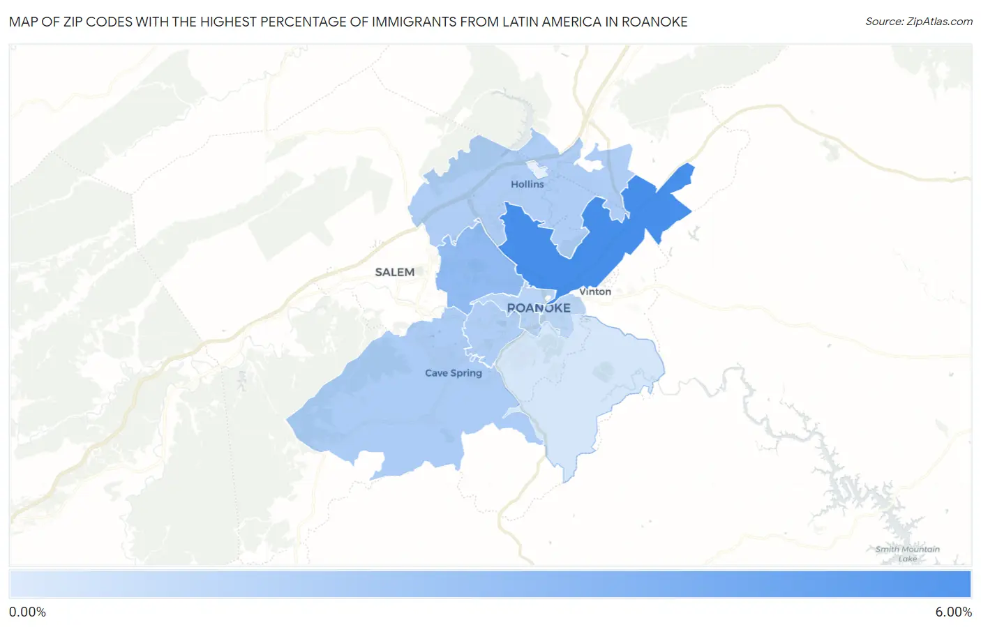 Zip Codes with the Highest Percentage of Immigrants from Latin America in Roanoke Map