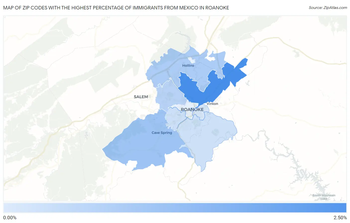 Zip Codes with the Highest Percentage of Immigrants from Mexico in Roanoke Map