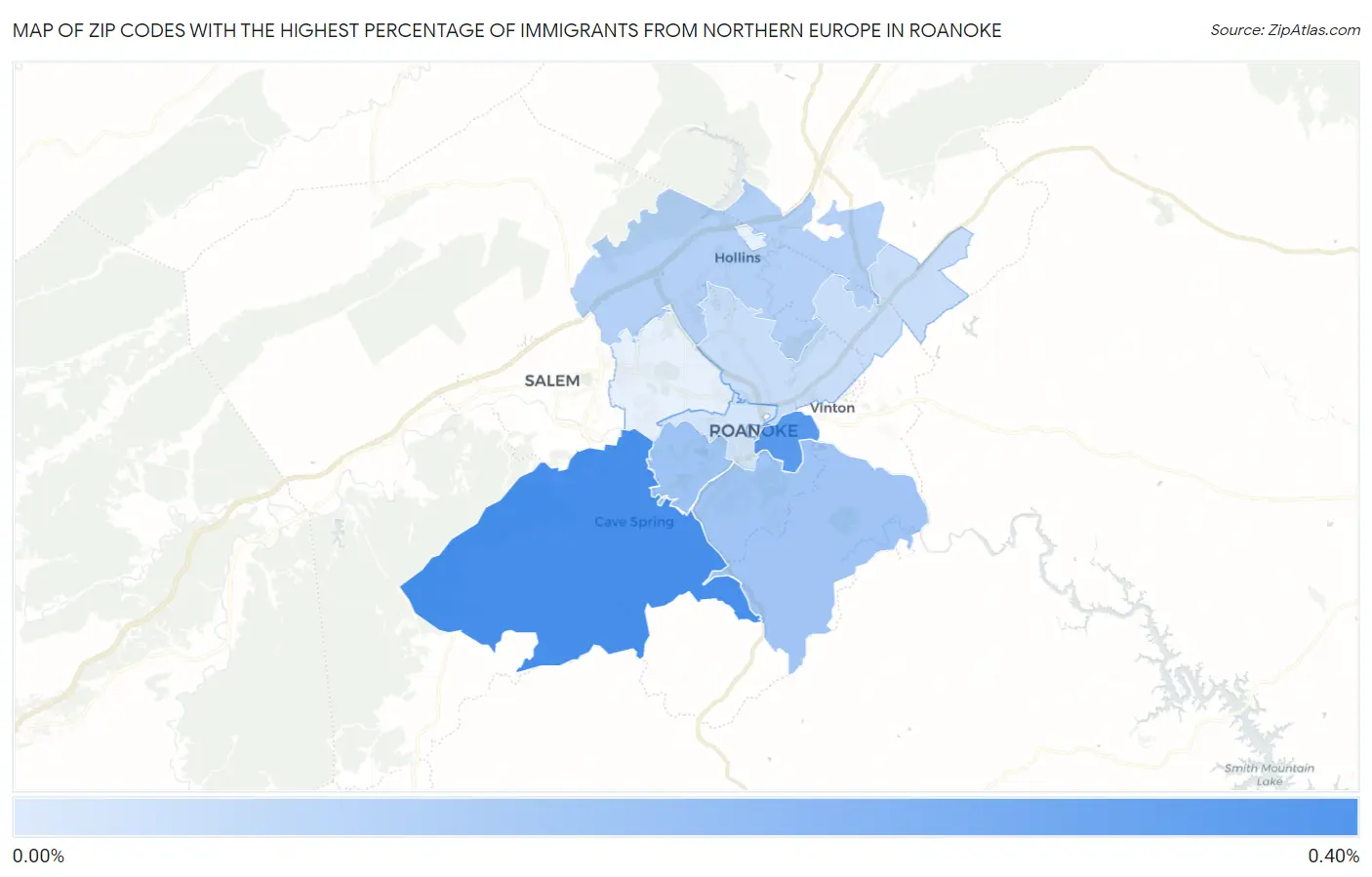 Zip Codes with the Highest Percentage of Immigrants from Northern Europe in Roanoke Map