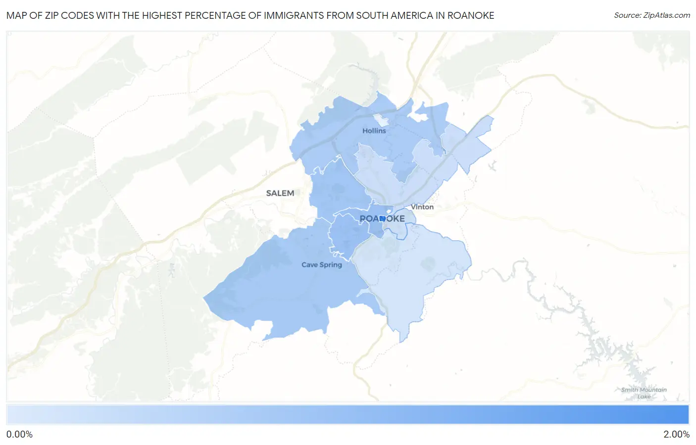 Zip Codes with the Highest Percentage of Immigrants from South America in Roanoke Map