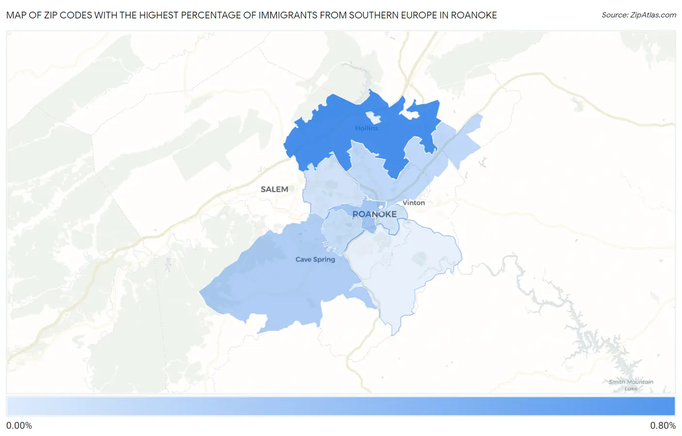 Zip Codes with the Highest Percentage of Immigrants from Southern Europe in Roanoke Map