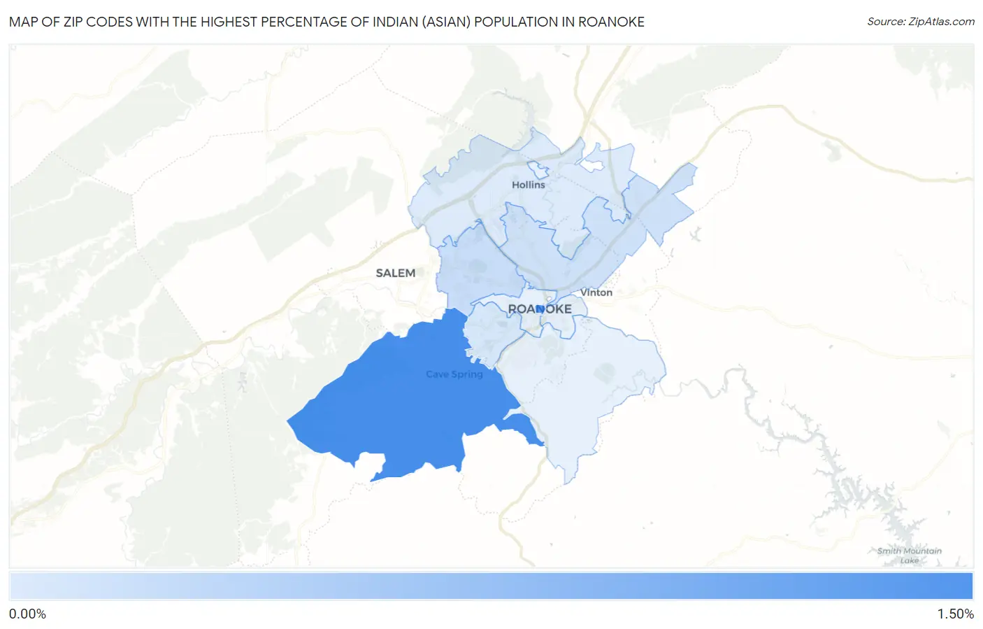Zip Codes with the Highest Percentage of Indian (Asian) Population in Roanoke Map