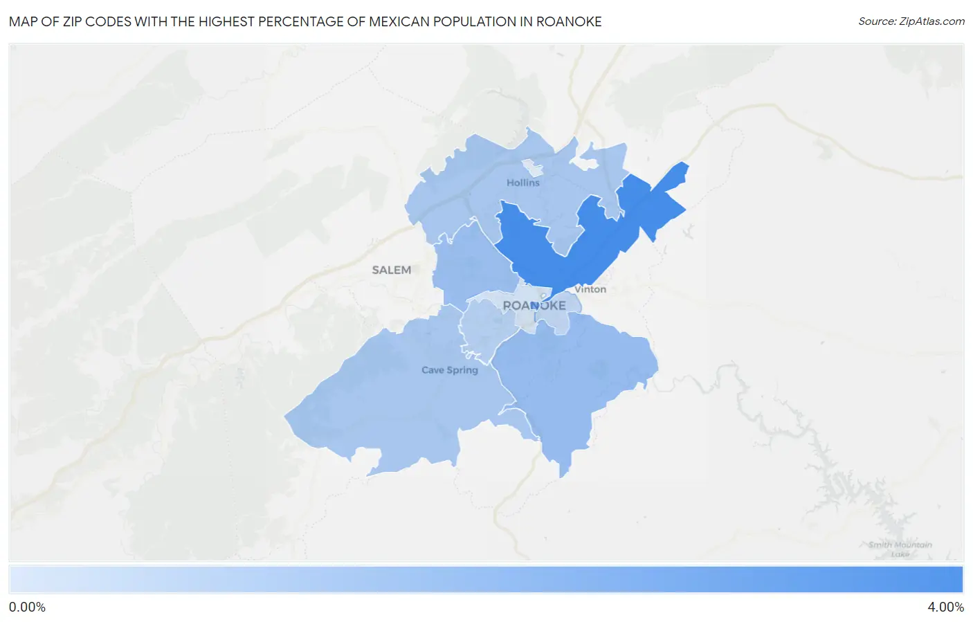 Zip Codes with the Highest Percentage of Mexican Population in Roanoke Map