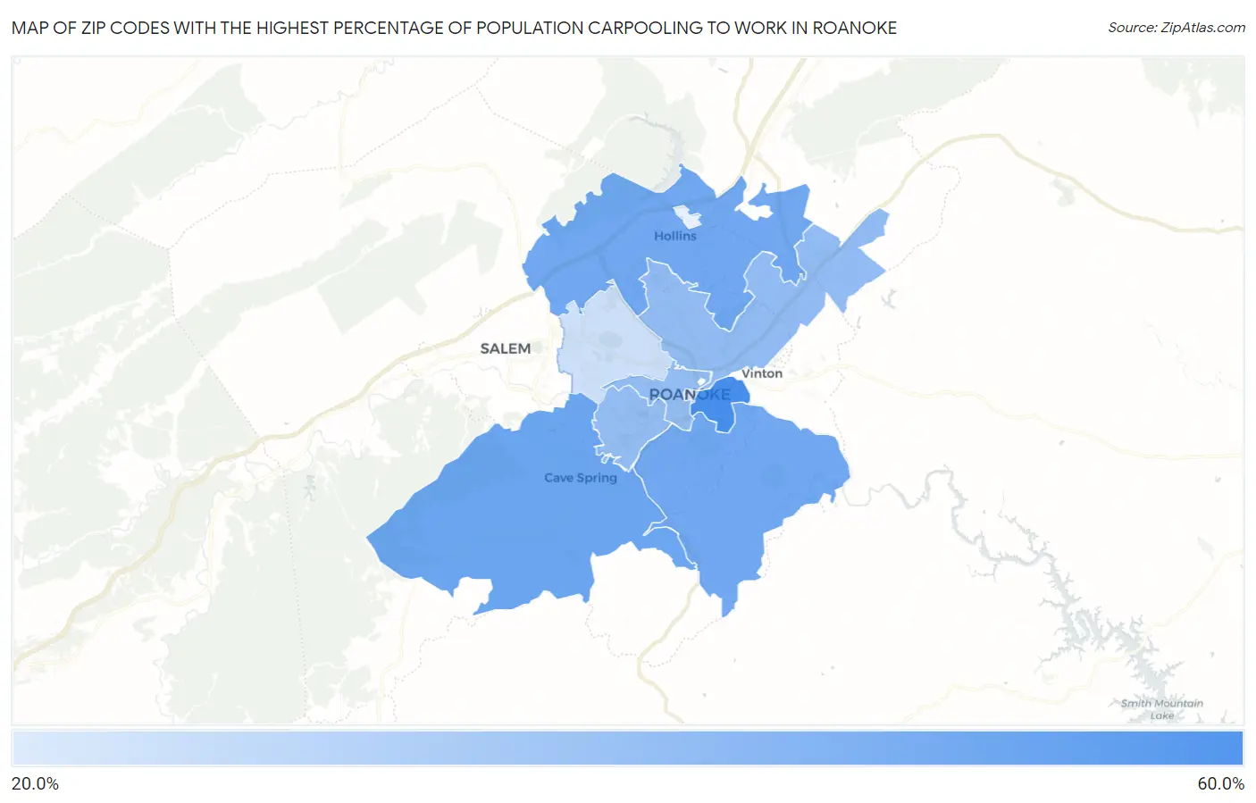 Zip Codes with the Highest Percentage of Population Carpooling to Work in Roanoke Map