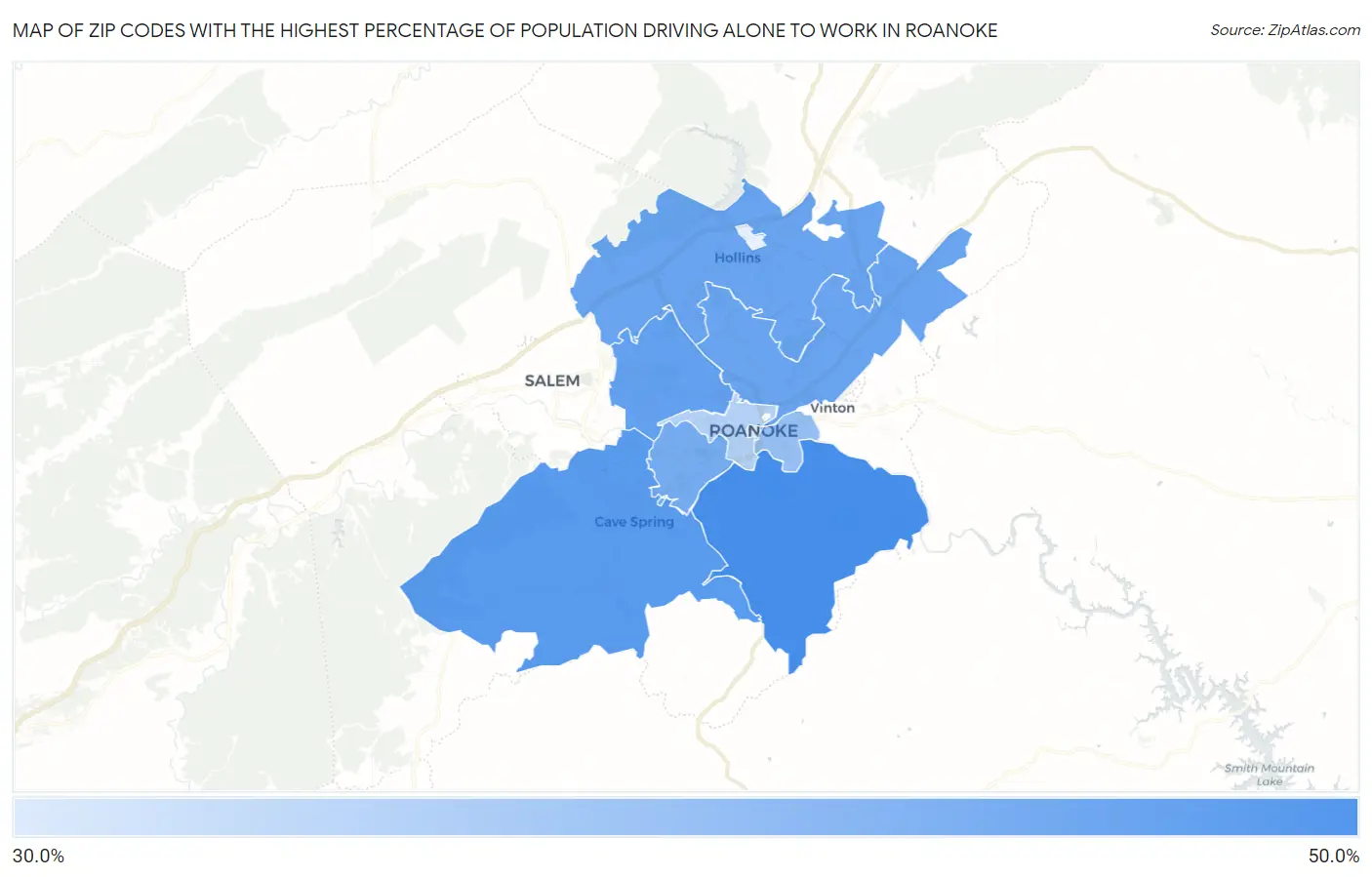 Zip Codes with the Highest Percentage of Population Driving Alone to Work in Roanoke Map