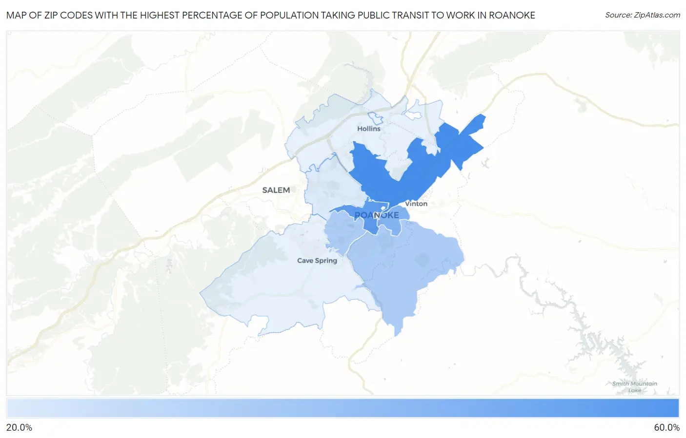 Zip Codes with the Highest Percentage of Population Taking Public Transit to Work in Roanoke Map