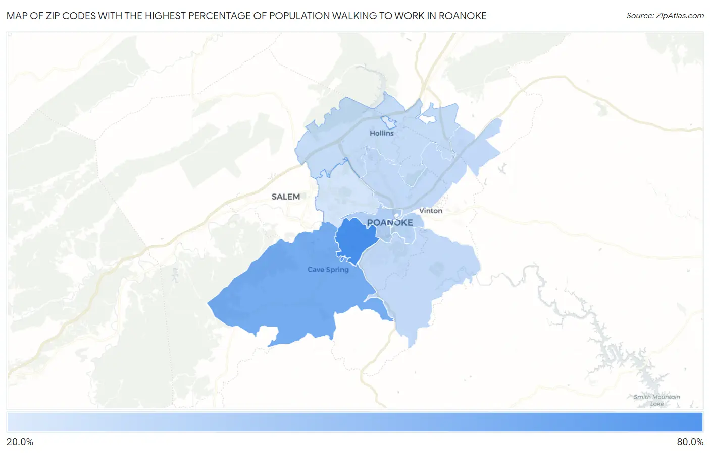 Zip Codes with the Highest Percentage of Population Walking to Work in Roanoke Map
