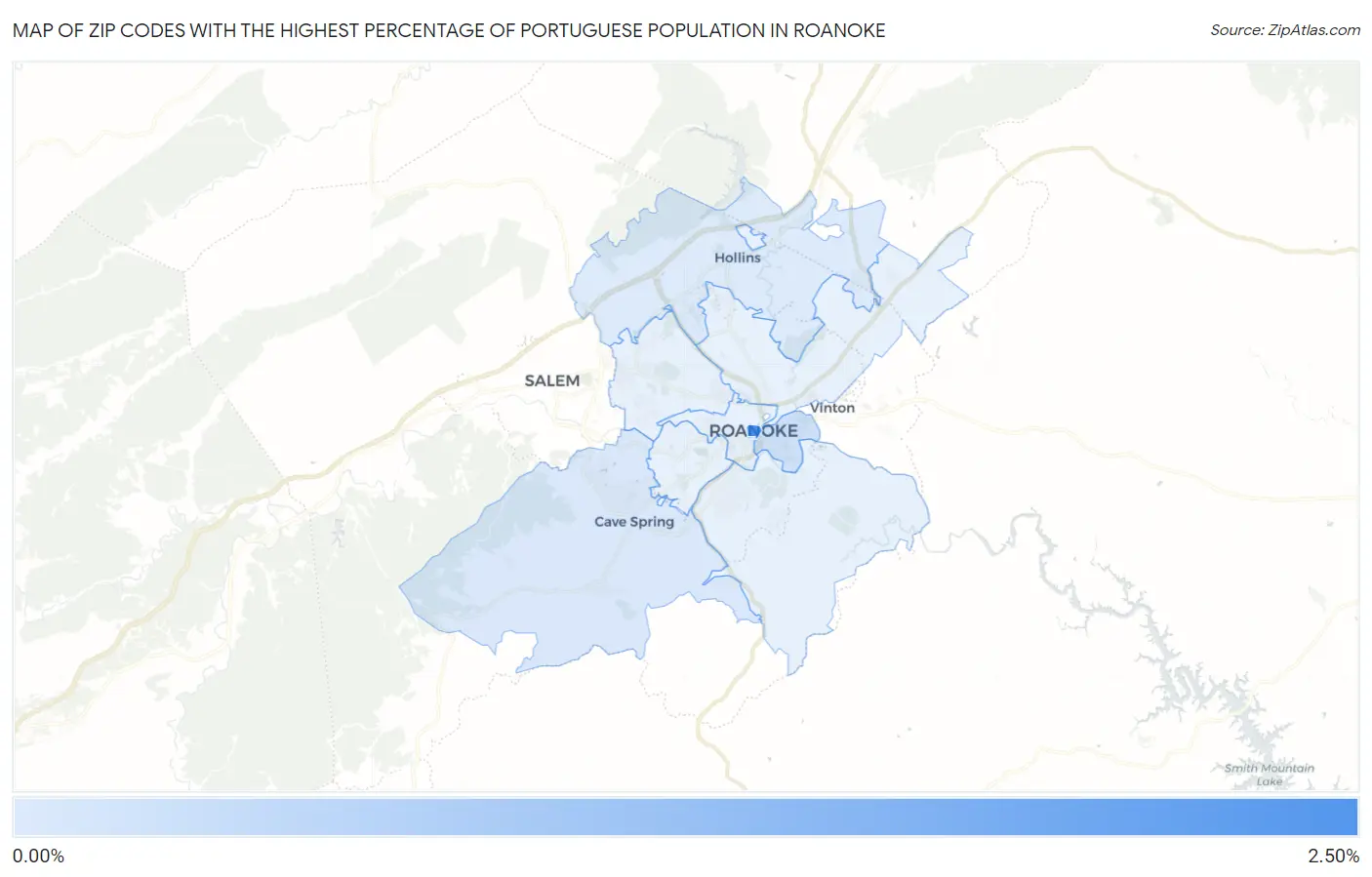 Zip Codes with the Highest Percentage of Portuguese Population in Roanoke Map