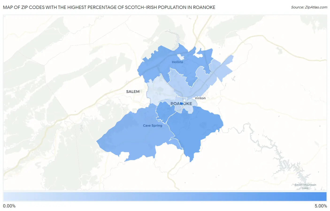 Zip Codes with the Highest Percentage of Scotch-Irish Population in Roanoke Map
